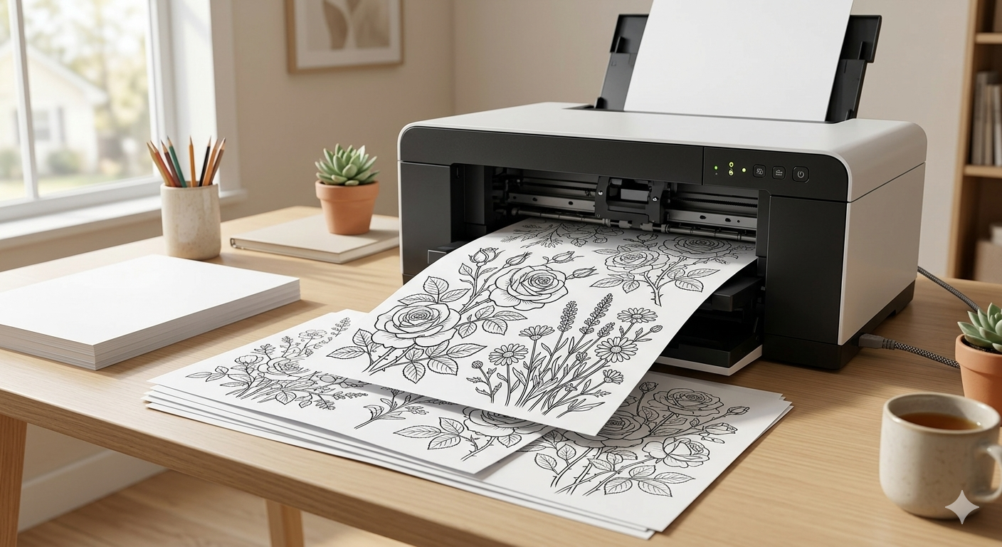 Flower coloring pages being printed at home