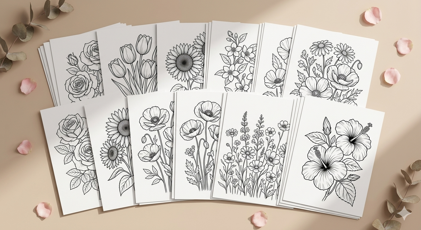 Preview of flower coloring pages included in the bundle