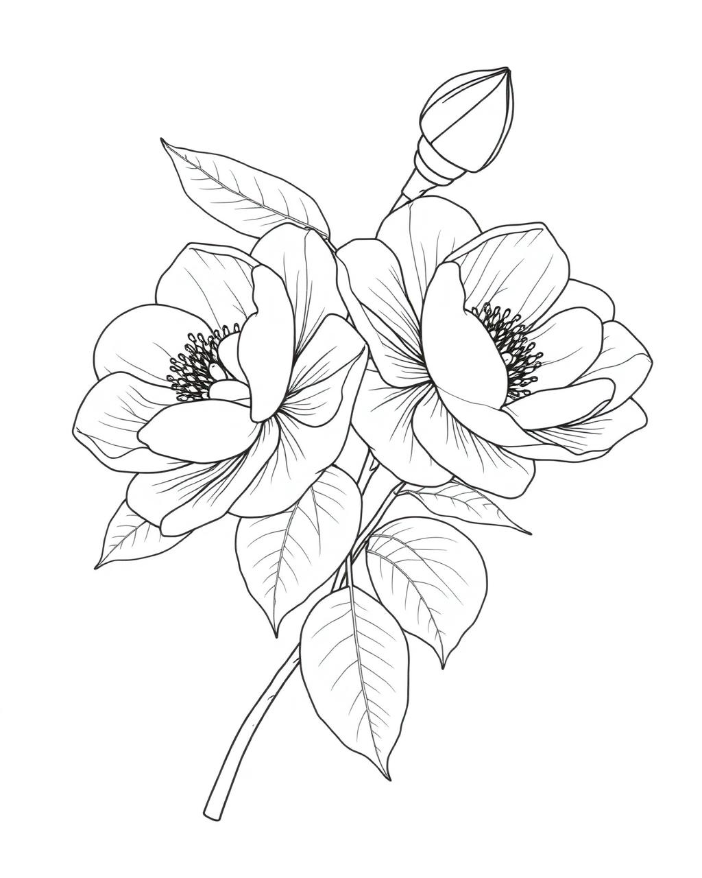 Detailed Camellia Branch — printable flower coloring sheet