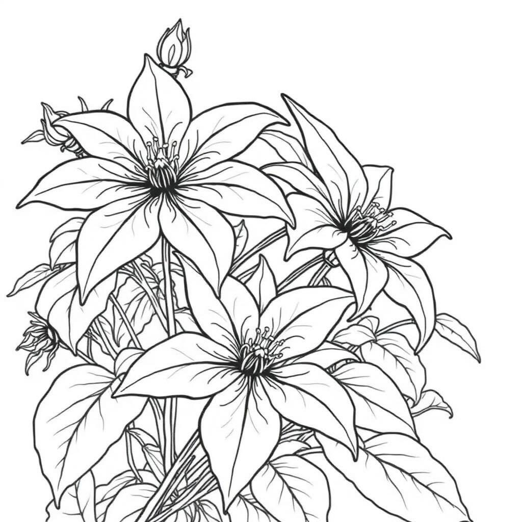 Climbing Clematis — printable flower coloring sheet