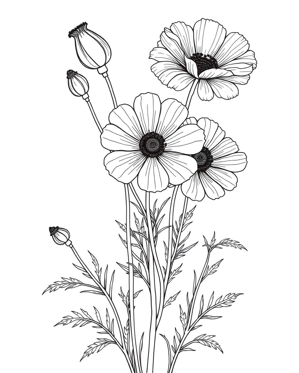 Cosmos & Poppy Bouquet — printable flower coloring sheet