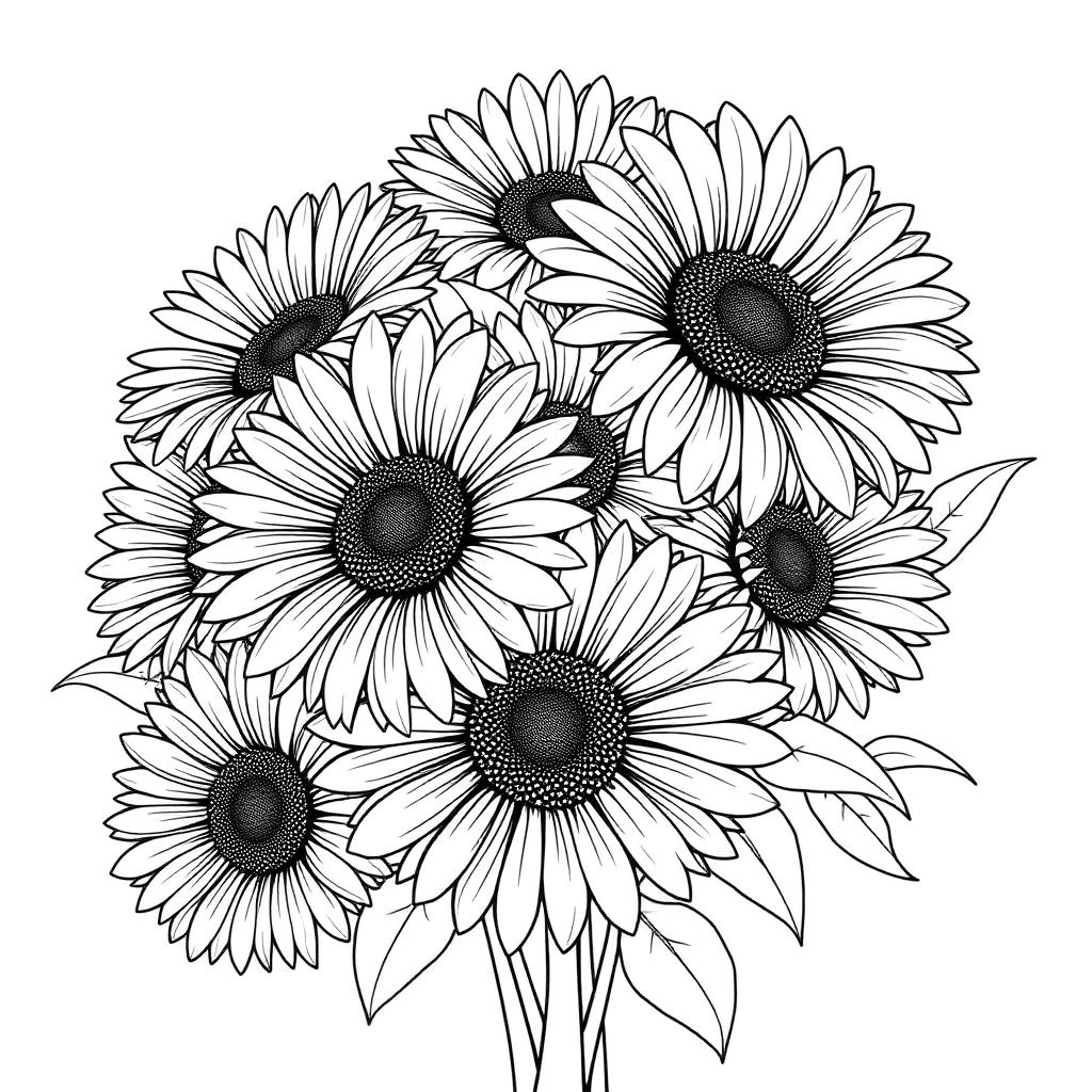 Daisy & Sunflower Bouquet — printable flower coloring sheet