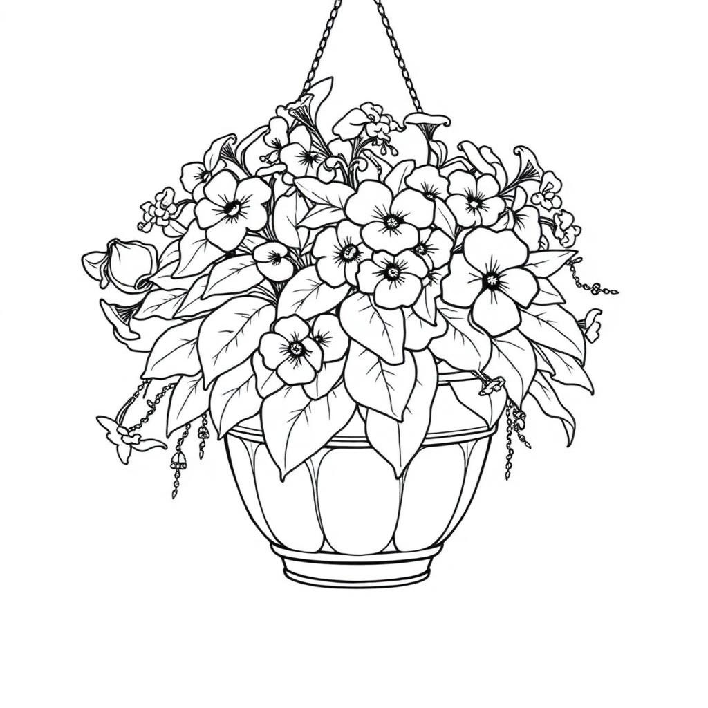 Hanging Fuchsia & Petunia Basket — printable flower coloring sheet
