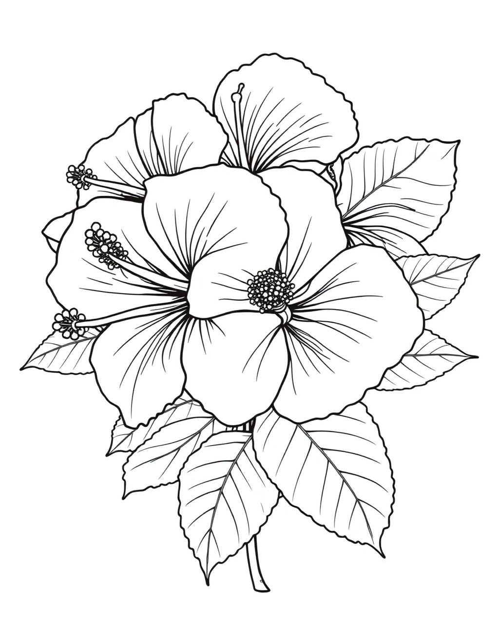 Detailed Hibiscus Cluster — printable flower coloring sheet