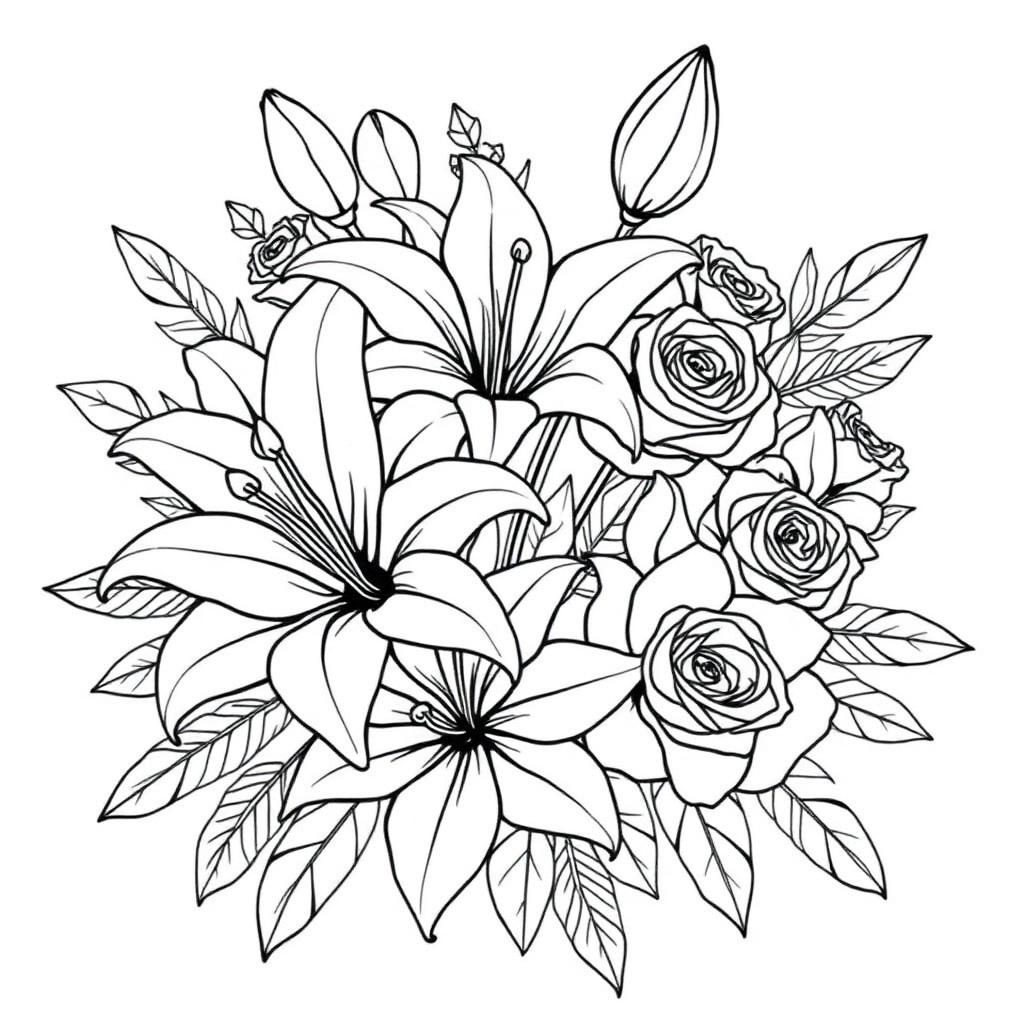 Lily & Rose Arrangement — printable flower coloring sheet