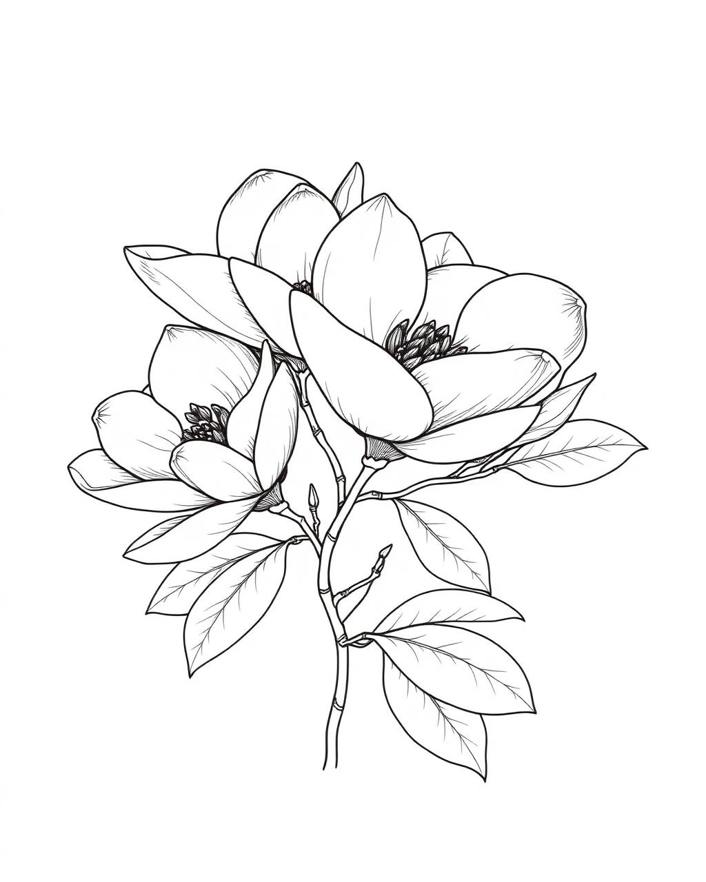 Detailed Magnolia Branch — printable flower coloring sheet