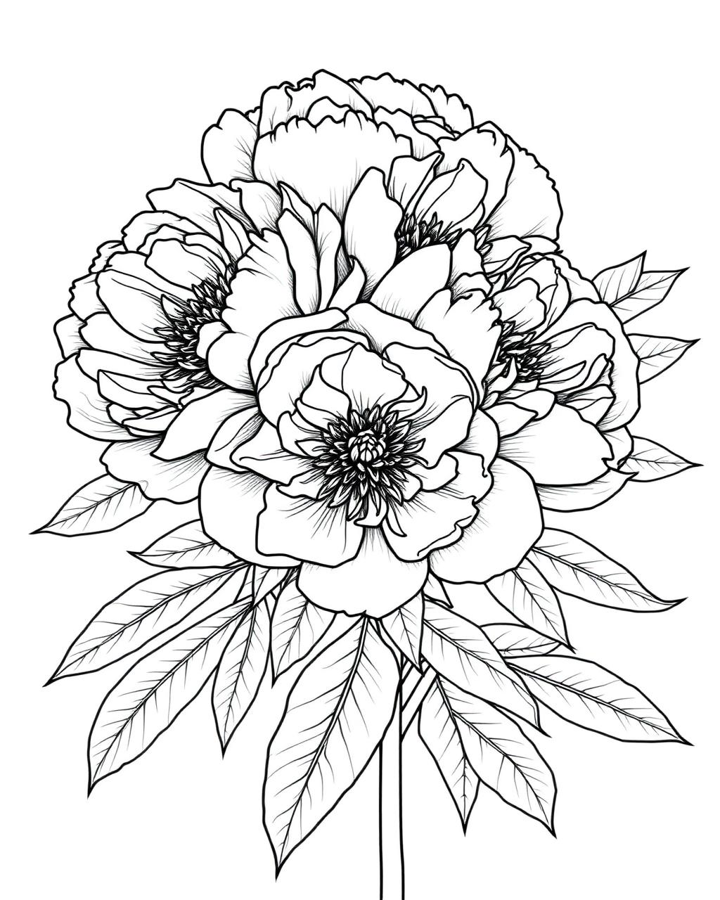 Detailed Peony Bouquet — printable flower coloring sheet