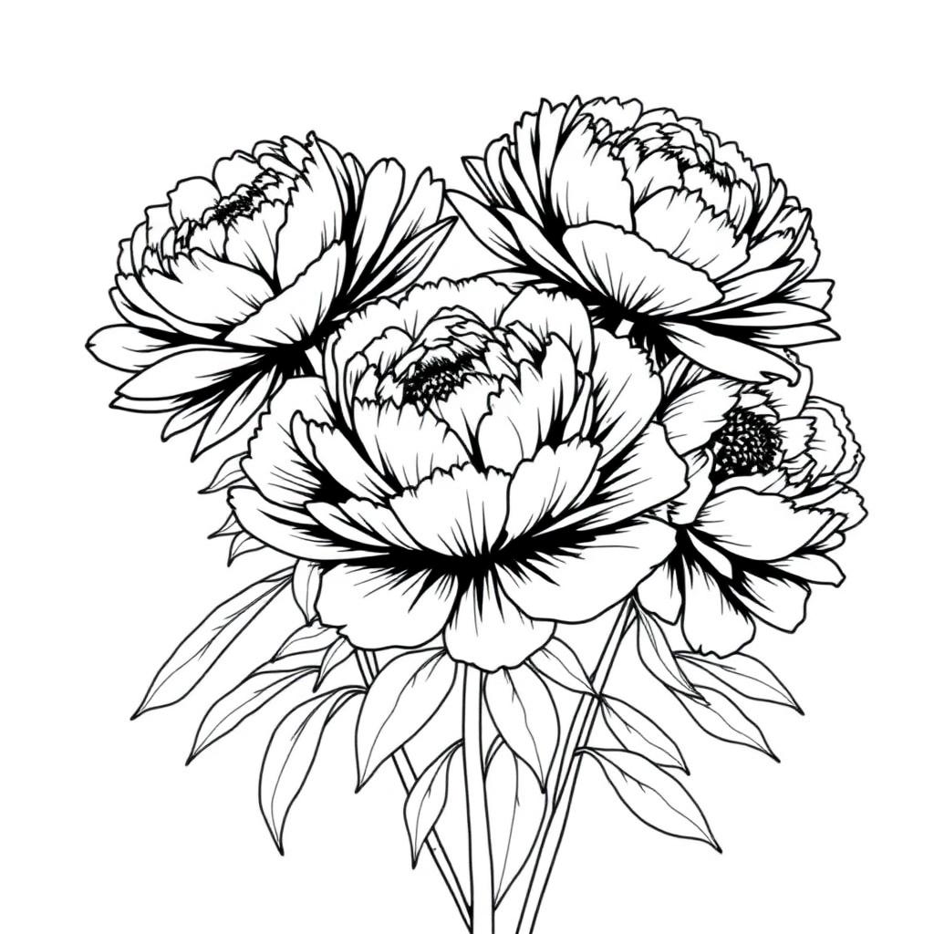 Group of Detailed Peonies — printable flower coloring sheet