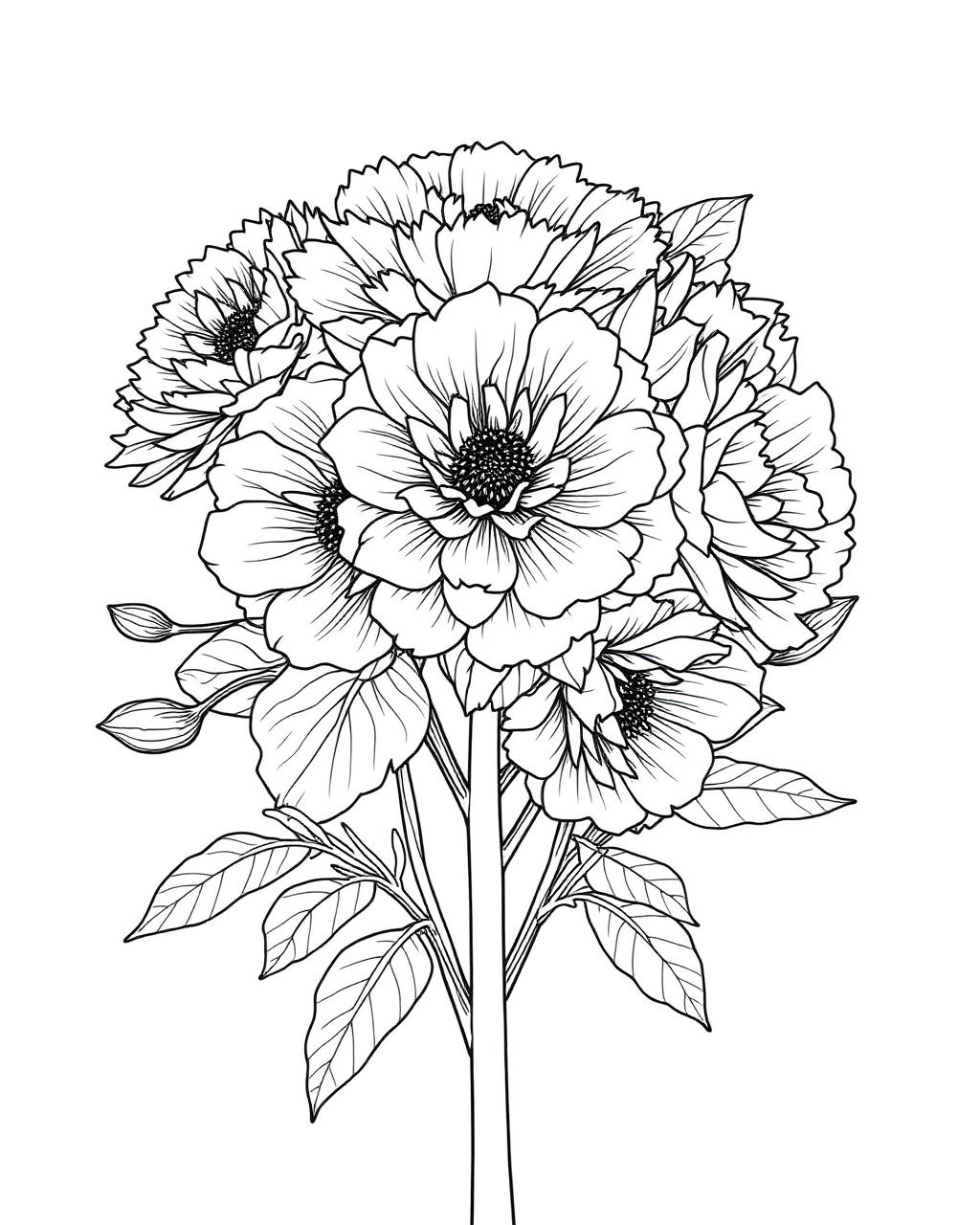 Detailed Ranunculus Bouquet — printable flower coloring sheet