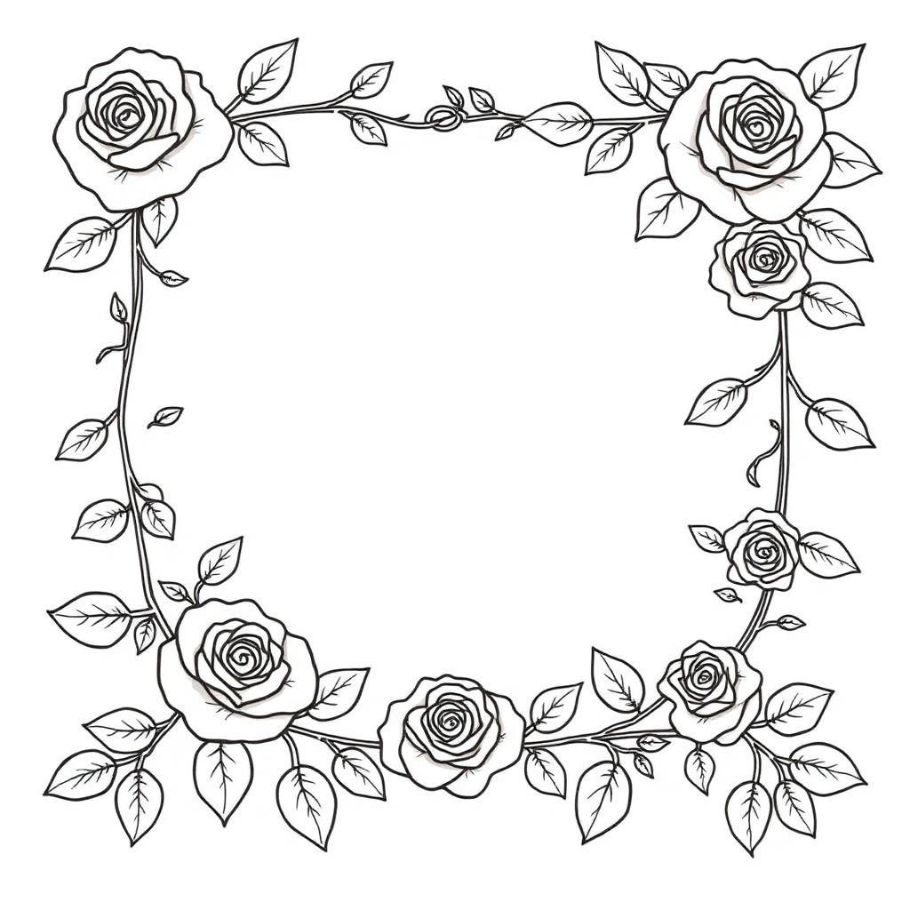 Elegant Rose Vine Border — printable flower coloring sheet