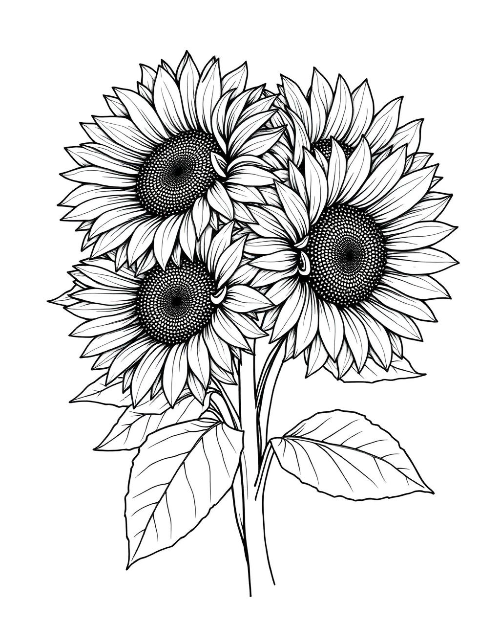 Detailed Sunflower Trio — printable flower coloring sheet