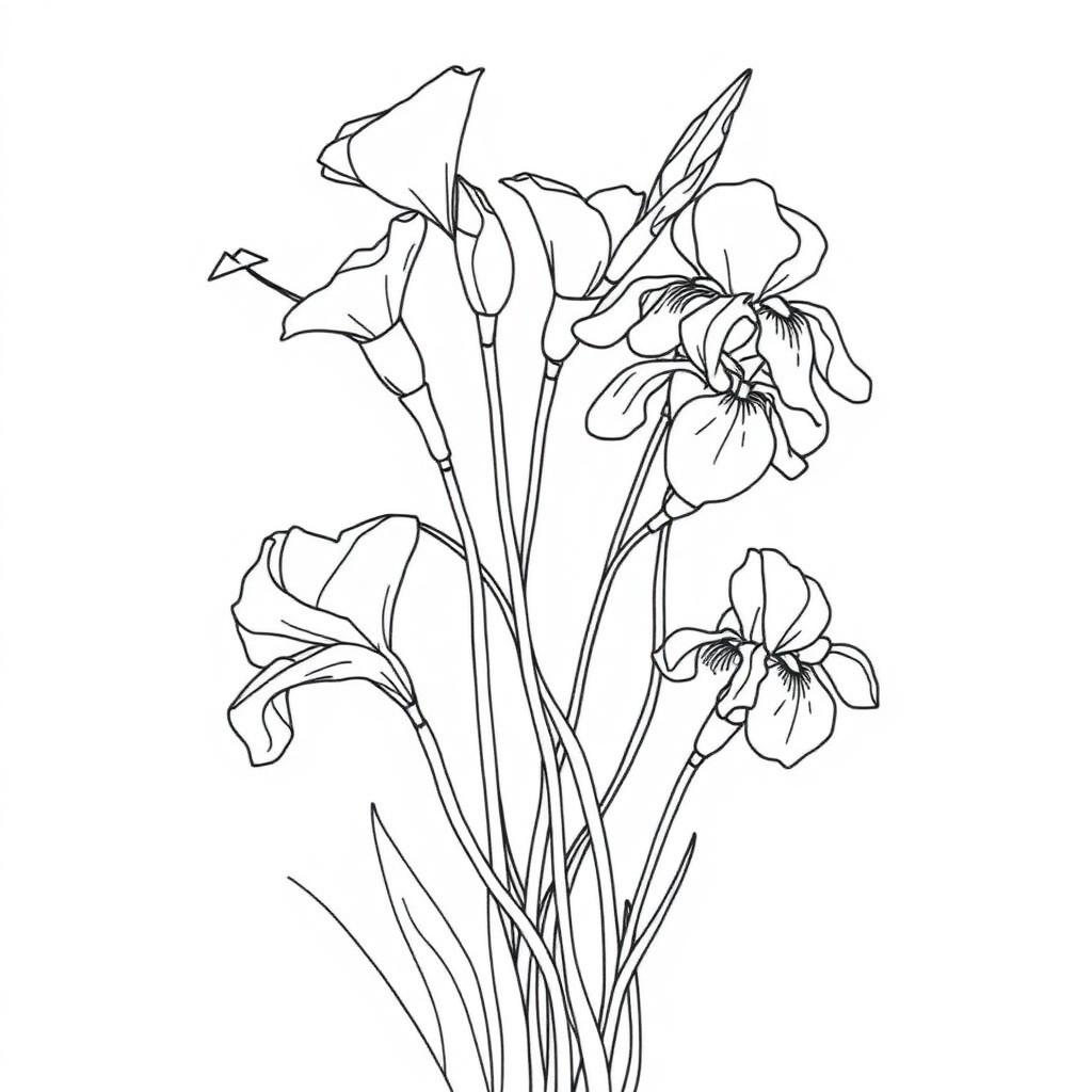 Sweet Pea & Iris Stems — printable flower coloring sheet