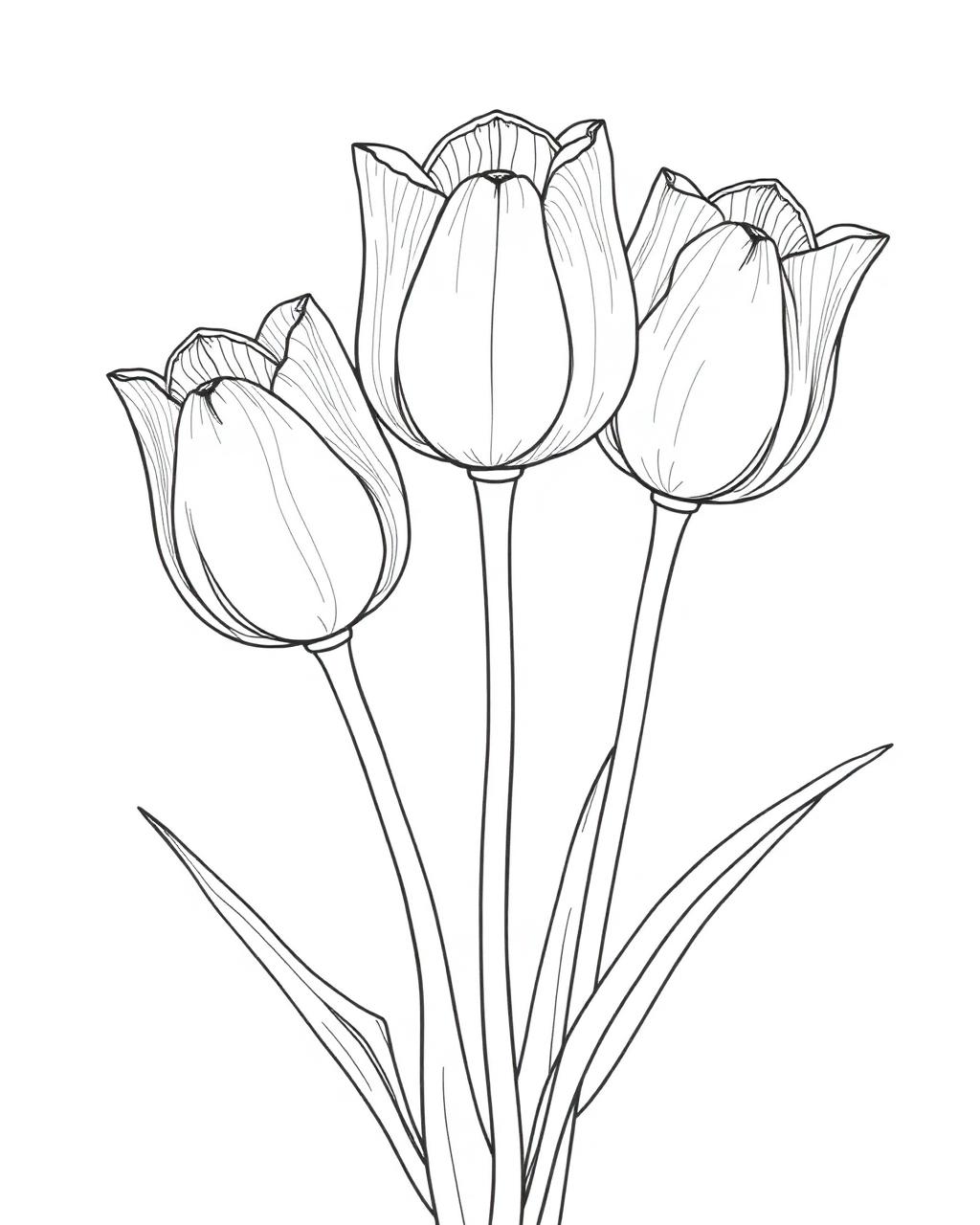 Detailed Tulip Trio — printable flower coloring sheet