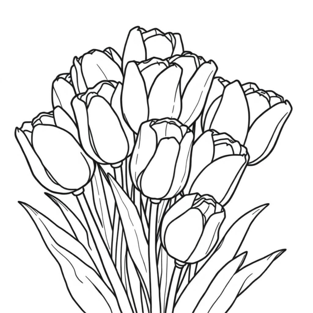 Cluster of Blooming Tulips — printable flower coloring sheet