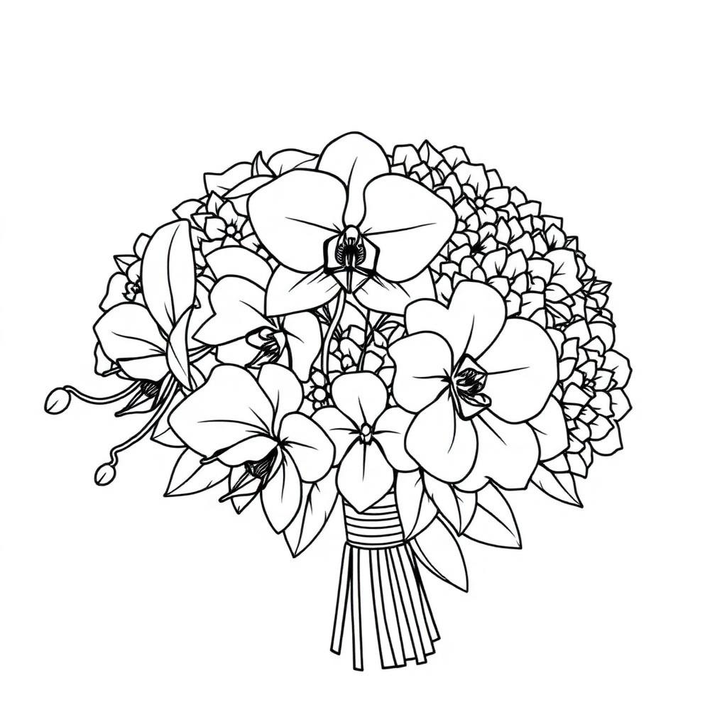 Wedding Orchid & Hydrangea Bouquet — printable flower coloring sheet